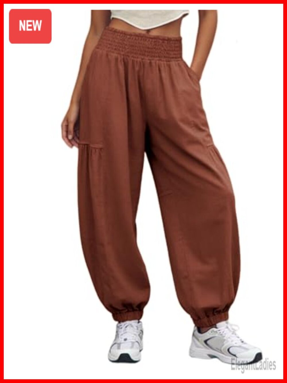 Womens Baggy Tapered Pull On Linen Cotton Harem Trousers with Pockets